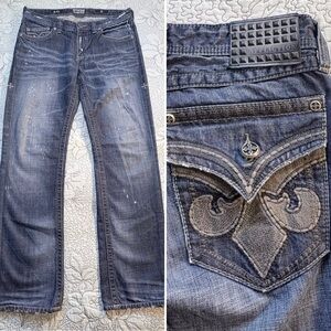 Affliction Blake Distressed Embroidered Pocket Biker Rocker Jeans 32x32🧡